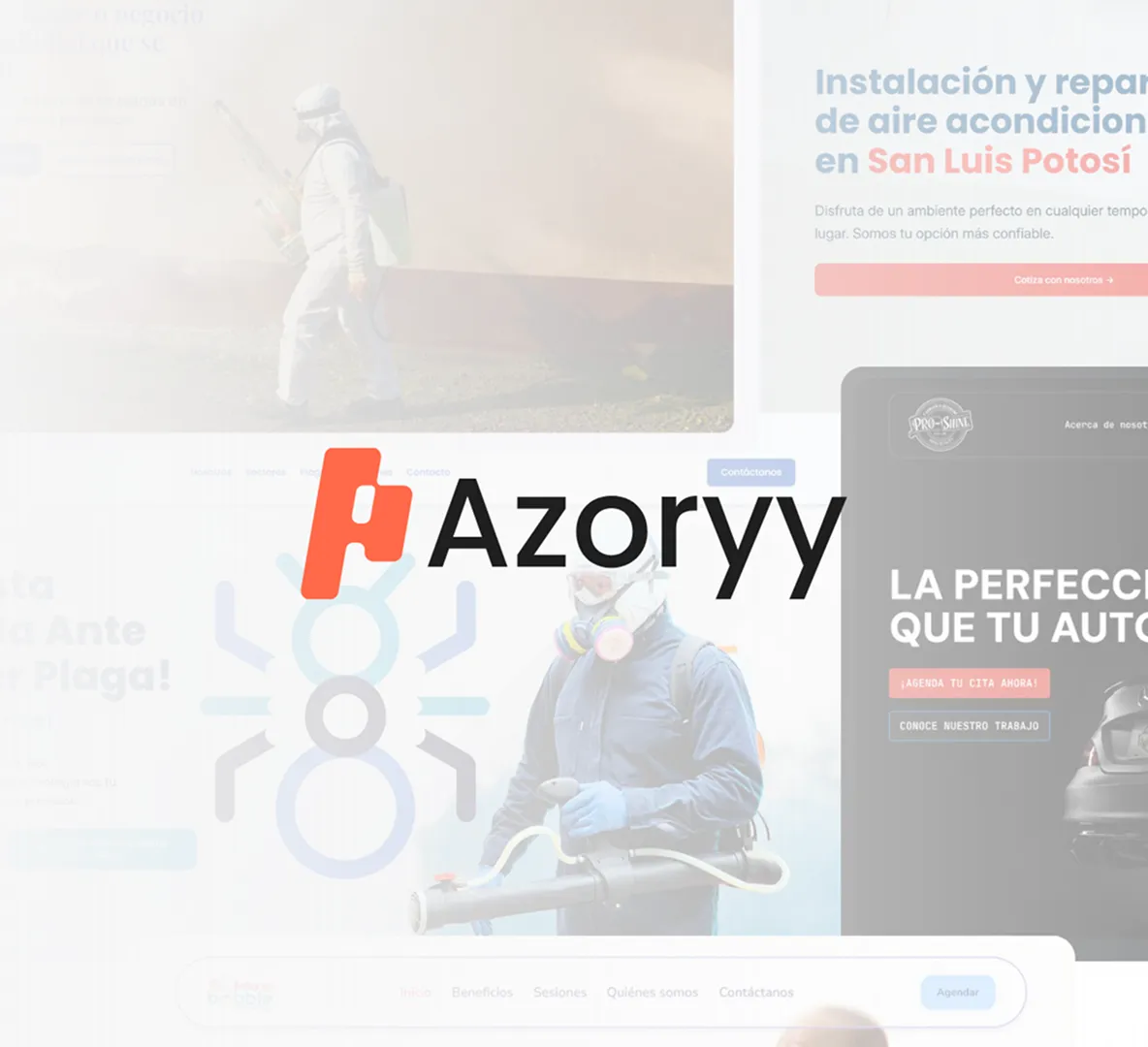 Logotipo de Azoryy acompañado de una selección de sitios web diseñados para distintos clientes